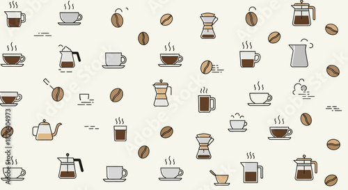 A detailed illustration of various coffee-related items, arranged in a pattern.