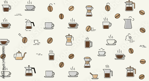 A delightful illustration featuring a variety of coffee-related icons, including cups, mugs, coffee beans, and brewing devices, arranged in a playful pattern.