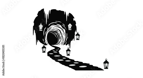 Mysterious tunnel entrance illuminated by lanterns, leading into darkness