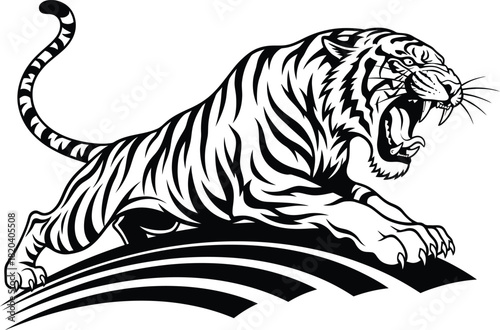 Vector graphic of angry tiger roaring illustration black and white art eps silhouette