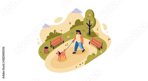 A woman walks her dog through a park with benches and trees, enjoying a sunny day of leisure and outdoor activity.