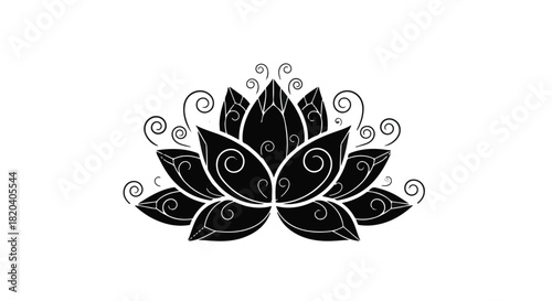 Elegant black lotus flower with decorative swirling patterns