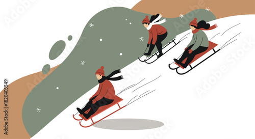 Children enjoy winter fun as they sled down a snowy hill in a playful and colorful illustration, embracing the joy of outdoor activities.