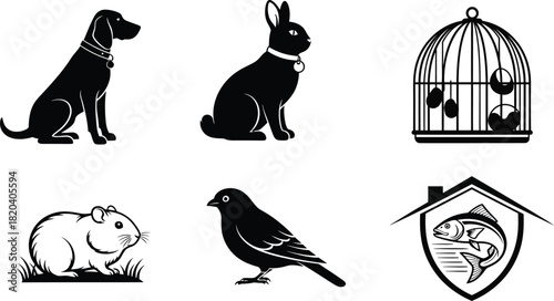 Vector pets animals illustration dog rabbit bird fish hamster cage icon eps silhouette