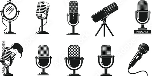 Black Silhouette Vector Set of Ten Microphones in Retro and Modern Styles, Including Podcasting, Recording, Studio, and Vintage Radio Equipment for Audio Graphics