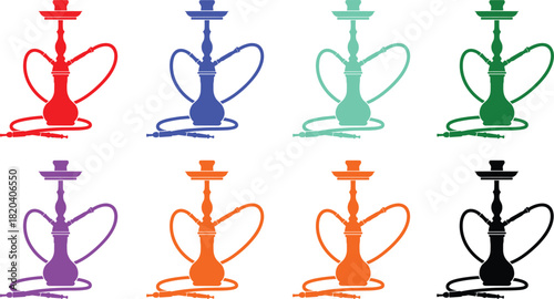 Colorful Hookah Water Pipe Silhouettes Vector Set: Shisha in Red, Blue, Green, Purple, and Orange, Ideal for Lounge, Bar, Middle Eastern, and Smoking Culture Graphics
