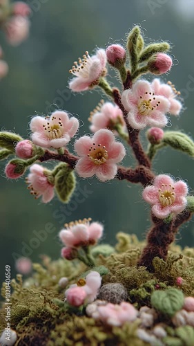 Close up of delicate pink blossoms on miniature tree branch