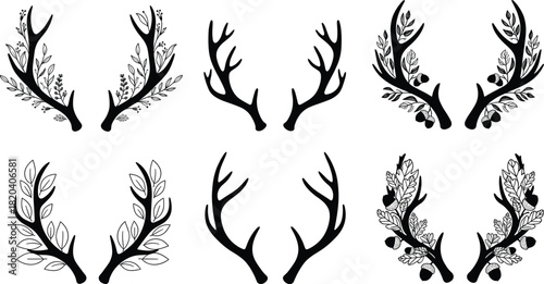 Deer Antlers Vector Set Combined with Wreaths, Leaves, and Acorns, Featuring Detailed and Silhouette Styles, Ideal for Rustic, Hunting, Nature, and Decorative Frames