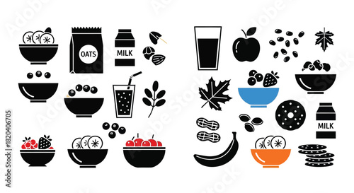 Healthy breakfast foods oats milk fruit bowls vector illustration