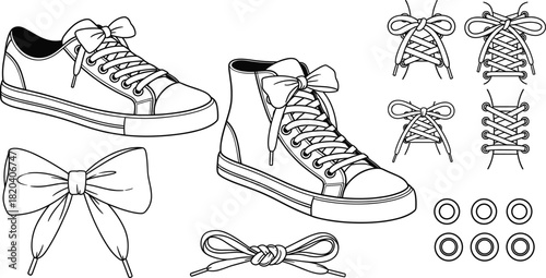 Line Art Vector Set of Sneakers, High-Top Shoes, Shoelaces, Bows, and Eyelets, Ideal for Fashion, Apparel Mockups, Lacing Guides, and Outline Design Elements