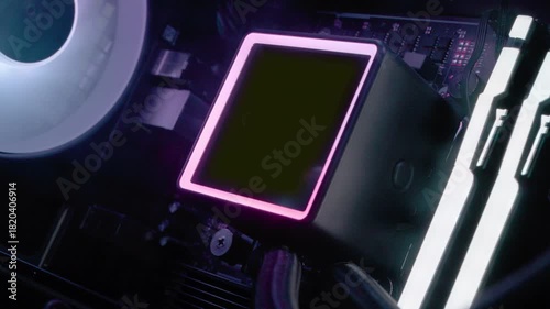鮮やかなネオンRGBが輝くゲーミングPCの内部 Vibrant Neon-Lit Gaming PC Interior with RGB Lights