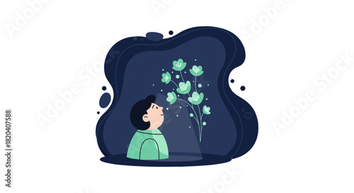 A young person gazes in wonder at glowing, ethereal flowers, a moment of magic and connection in a whimsical, illustrative design.