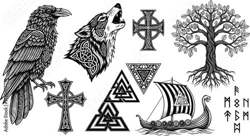 Norse and Celtic Mythology Vector Set: Raven, Howling Wolf with Knotwork, Yggdrasil Tree, Viking Ship, Celtic Crosses, and Runes, for Tribal and Tattoo Art.