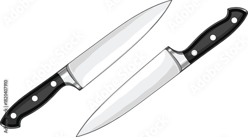 Two Professional Chef Knives Vector Illustration with Stainless Steel Blades and Black Handles, Ideal for Culinary, Cooking, Restaurant, and Kitchen Equipment Graphics