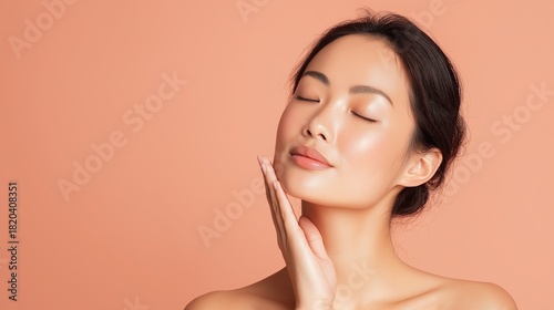 Stunning Asian woman with flawless, glowing skin, eyes closed in serenity, gently touching her jawline on a peach background, for beauty and skincare concepts.