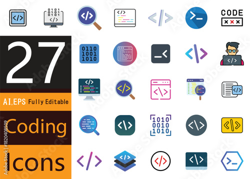 Flat Design Coding and Programming Icon Collection for Web, Software, and Technology Projects