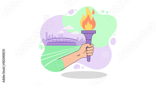 An illustration depicts a hand holding a torch with a flame, set against a backdrop of a stadium and abstract shapes, conveying the spirit of competition.