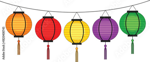 Colorful Asian Paper Lanterns Vector Hanging on a String, Ideal for Chinese New Year, Mid-Autumn Festival, Oriental Celebration, and Traditional Decoration Graphics