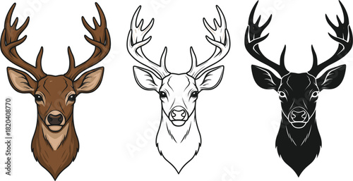 Deer Stag Head Vector Set in Three Styles: Color Illustration, Detailed Line Art Outline, and Black Silhouette, Ideal for Hunting, Nature, and Mascot Graphics