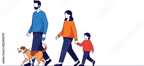 Modern Flat Vector Illustration of a Family Walking: Father with Dog, Mother Holding Child's Hand, Representing Togetherness, Leisure, Lifestyle, and Outdoor Activity