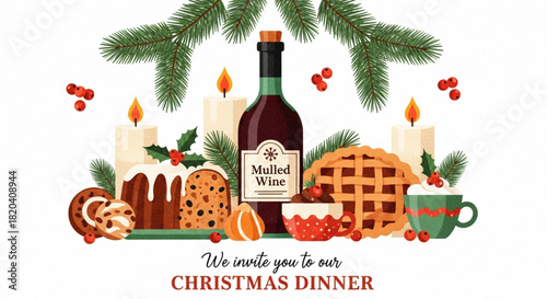Christmas Dinner Invitation Vector Illustration. Festive Holiday Meal with Mulled Wine and Pudding. Merry Christmas and Happy New Year Dinner invitation card. Winter Holiday Celebration.