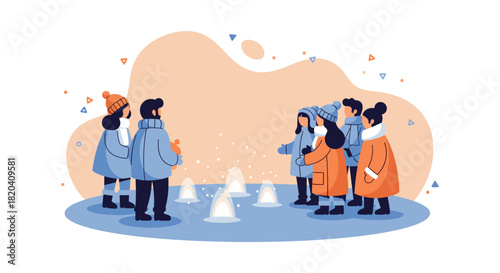 A group of people in winter clothing are gathered outdoors, enjoying a snowy scene with abstract shapes and a light color palette.