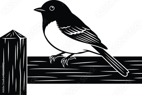 Isolated black and white bird perched on a fence post vector graphic eps silhouette