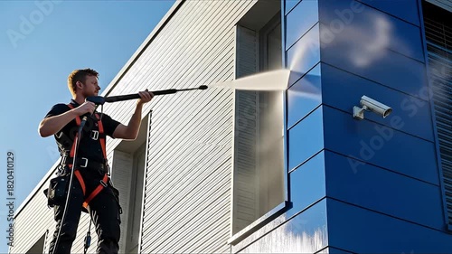Professional worker pressure washing modern building exterior facade cleaning high rise