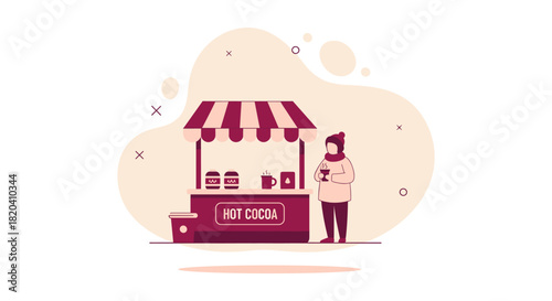 An illustration depicts a person enjoying hot cocoa from a charming winter market stall, evoking feelings of warmth and holiday cheer.