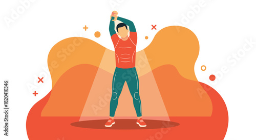 A man in athletic attire stretches with arms raised, illuminated by a spotlight against a vibrant abstract background, perfect for fitness concepts.