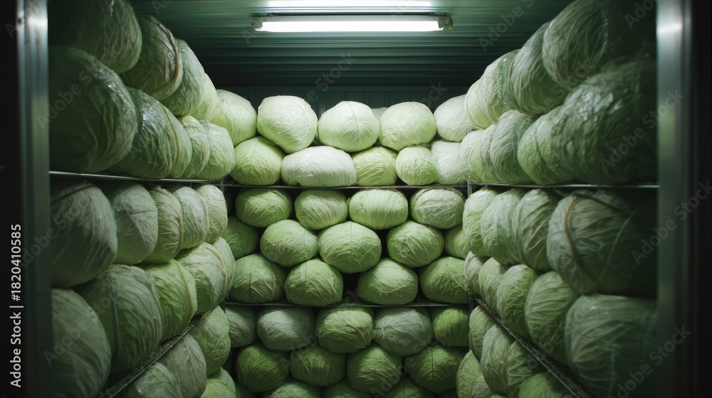 Obraz premium Fresh Green Cabbage Heads Stacked Neatly in a Storage Container for Efficient Food Preservation and Distribution