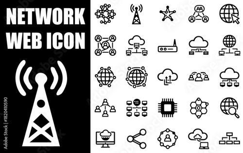 Network Web Icon Set in Line Style: Collection of Information Technology Linear Icons for Connection, Communication, Internet Technology, Router and Wireless Signals with Editable Stroke