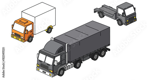 Modern delivery trucks in isometric style for logistics and transport