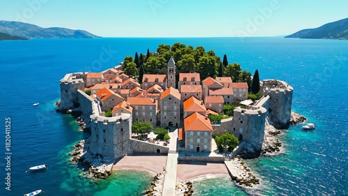 Aerial View of Sveti Stefan Island, Montenegro, Europe, Clear Blue Water