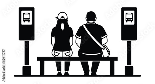 Riders waiting for transport at the bus stop in black and white