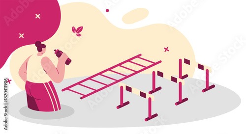 An illustrated representation of a person facing obstacles, contemplating a ladder, and hurdles, symbolizing challenges and solutions.