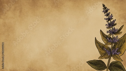 Stylized illustration of a hyssop plant on parchment, reminiscent of a medieval manuscript. event programs, museum guides, designed for cultural heritage projects and event programs.