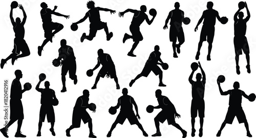 Set of Basketball Players Silhouettes Poses Jumping Shooting Dribbling Passing Playing Action Sports Activity Team Game Competition Vector Illustration Icon