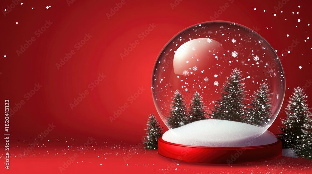 Fototapeta premium Christmas glass snow globe empty stands on the snow with fir trees. Red background with realistic 3d transparent snow ball. Xmas platform podium. Holiday banner and poster