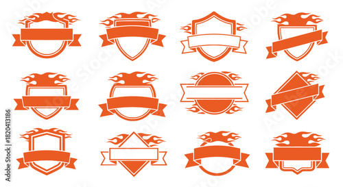 Orange flame shield badge vector set design template collection