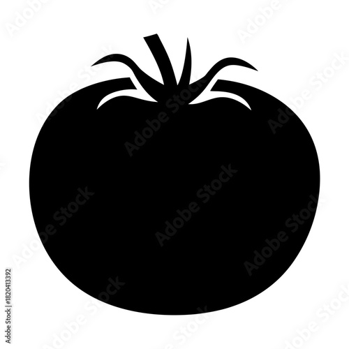 Silhouette image of a ripe, plump tomato with leafy stem illustration