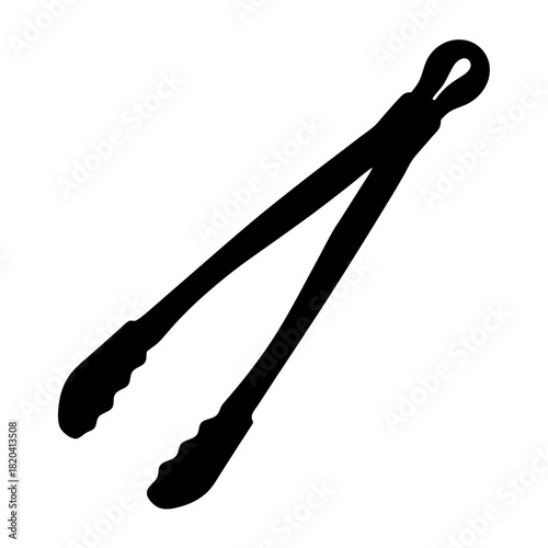 Black silhouette of kitchen tongs against white background with simple design