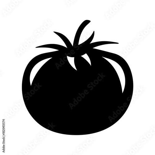 Stylized black tomato silhouette with spiky green sepals isolated on white background
