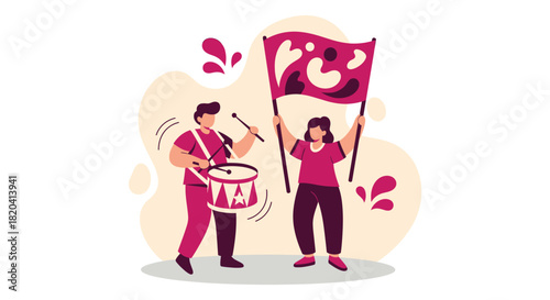A vibrant illustration captures a marching band, with a drummer and flag bearer, celebrating and creating a lively atmosphere.