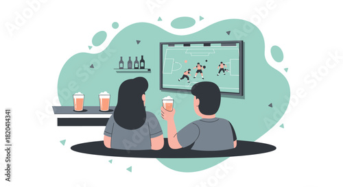 A couple enjoys a beer while watching a soccer game on television at a bar, celebrating a goal with drinks and cheering.
