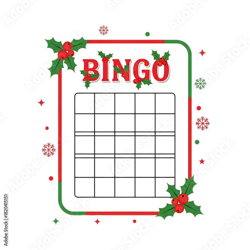 Holiday bingo card decorated with holly and festive borders.