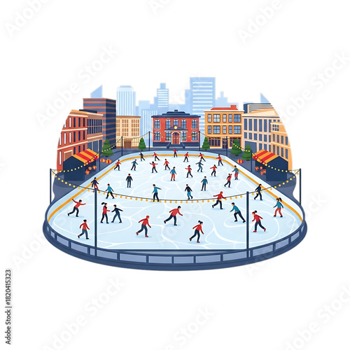 Outdoor ice skating rink with people skating in a city setting.