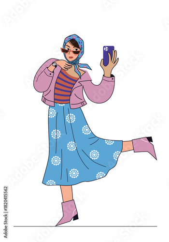Cute stylish young woman in fashionable clothes isolated on a white. Cartoon glamour girl in a sunglasses and skirt takes a selfie on the phone. Vector line art illustration.