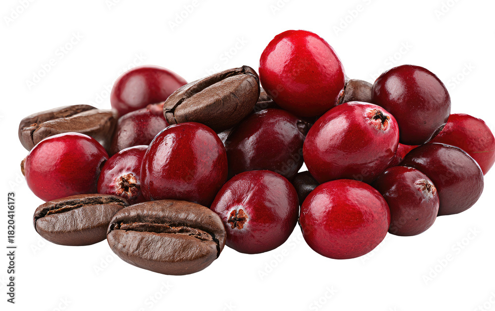Obraz premium Pile of red berries and roasted coffee beans