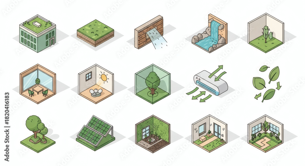 Fototapeta premium Collection of Isometric Icons Illustrating Green Building, Sustainable Architecture, and Eco-Friendly Living Concepts for Modern Design